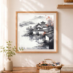 Finished oriental ink wash water village cross stitch artwork displayed as home decor