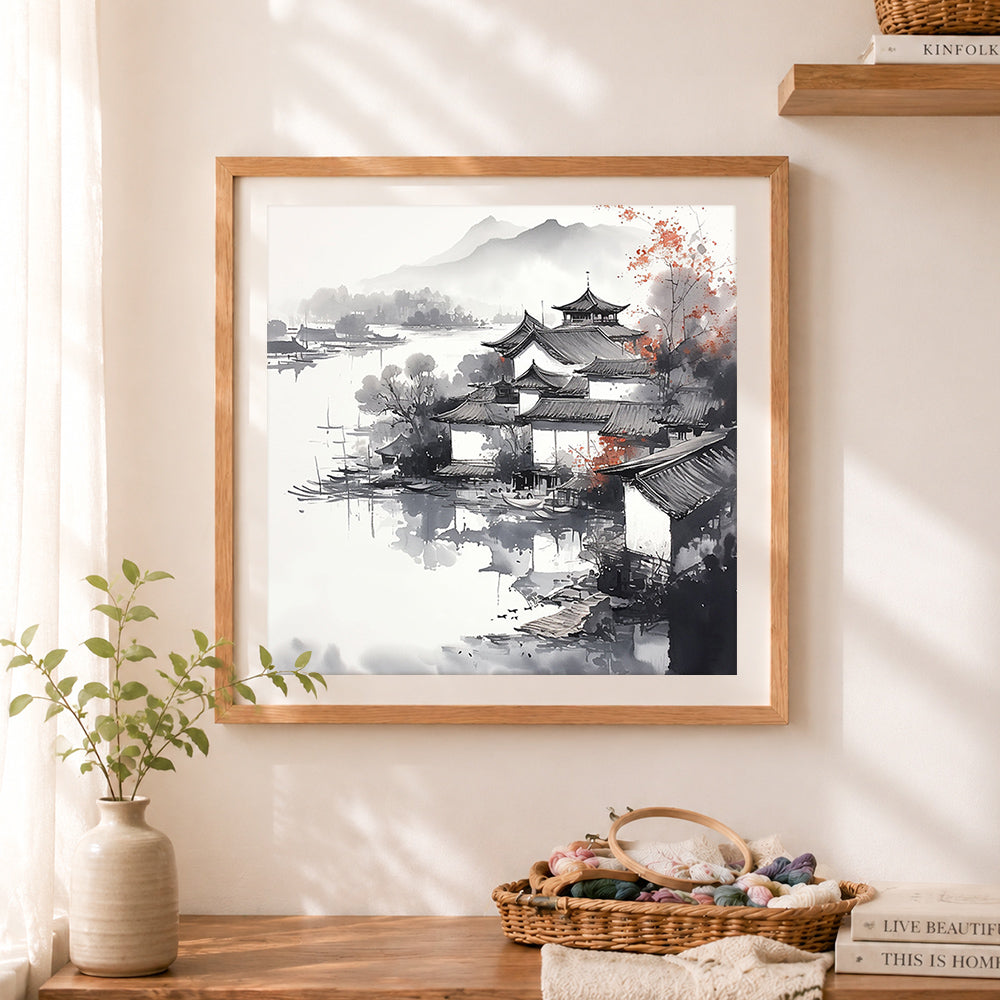 Finished oriental ink wash water village cross stitch artwork displayed as home decor