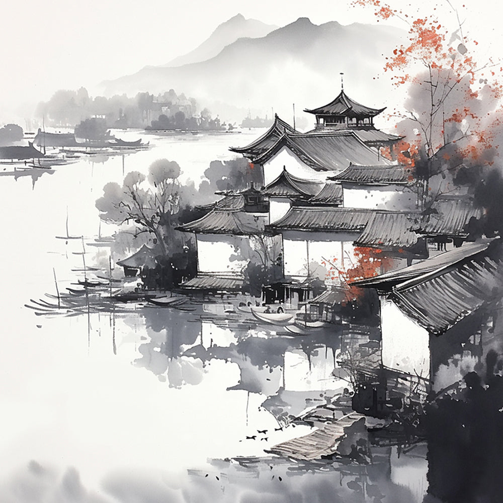 Oriental ink wash water village cross stitch kit for beginners