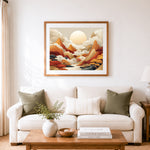 Finished oriental mountain paper‑cut cross stitch artwork displayed as home decor