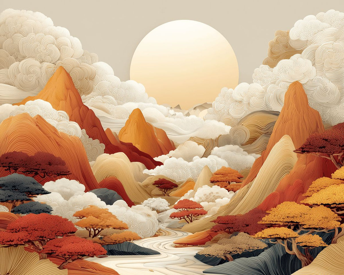 Oriental mountain paper‑cut cross stitch kit for beginners