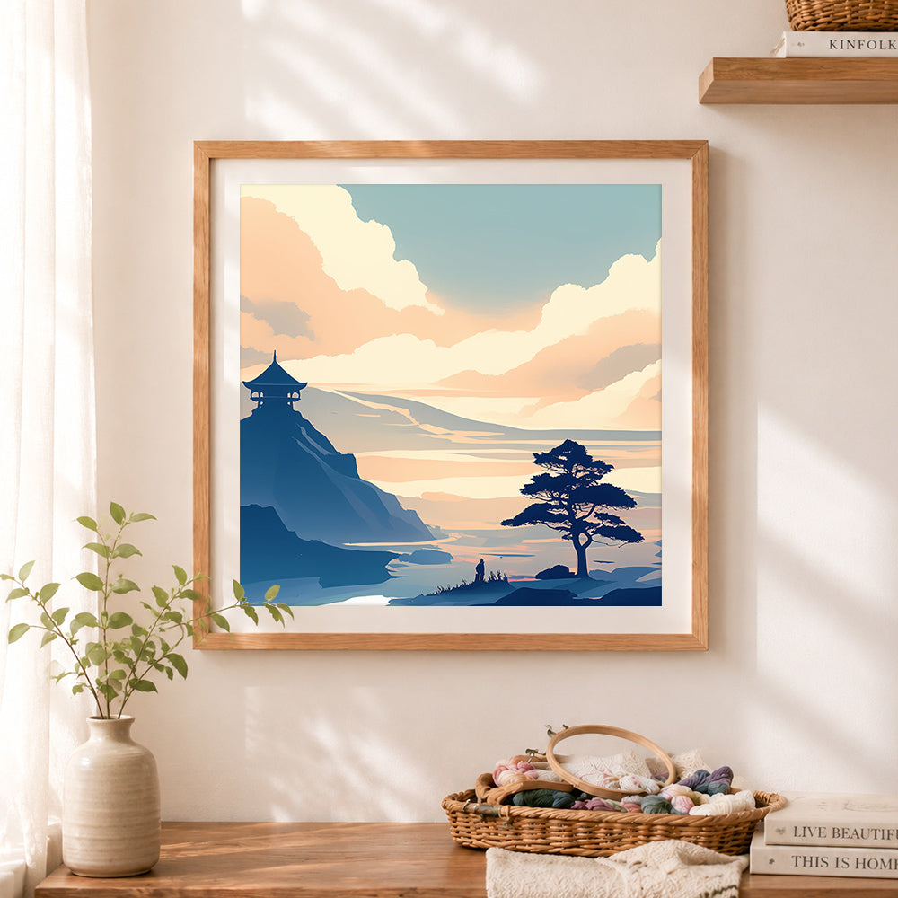Finished oriental mountain vista cross stitch artwork displayed as home decor