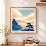 Finished oriental mountain vista cross stitch artwork displayed as home decor