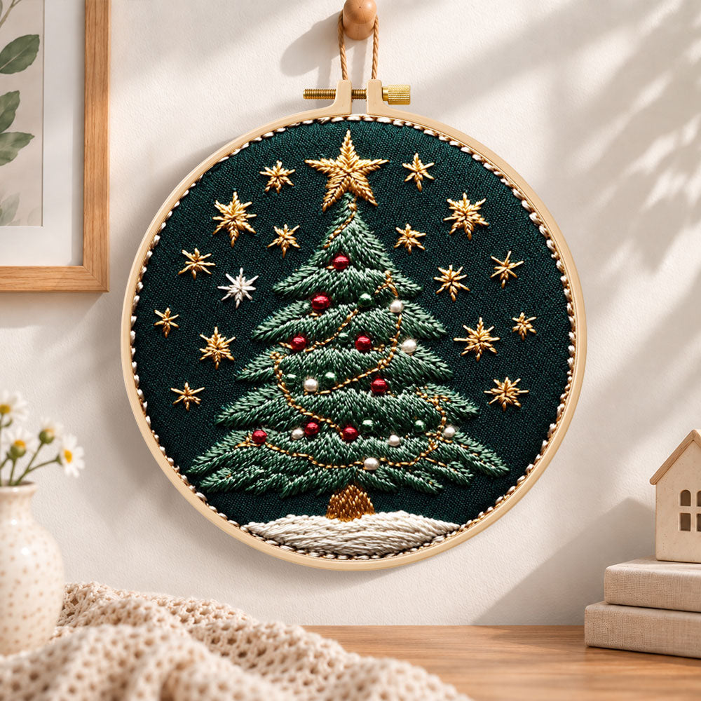 Ornamented christmas tree embroidery hoop wall art displayed as warm and cozy handmade home decor
