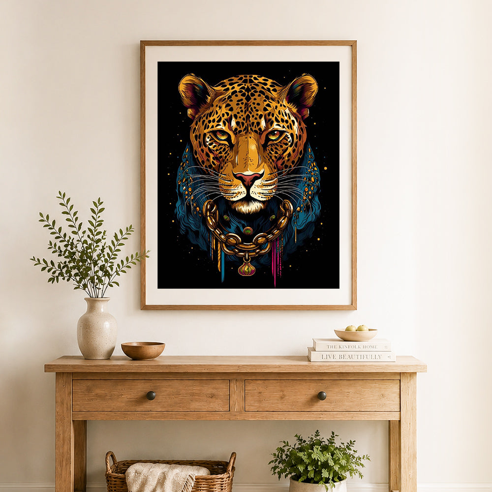 Finished ornate golden chain leopard cross stitch artwork displayed as home decor