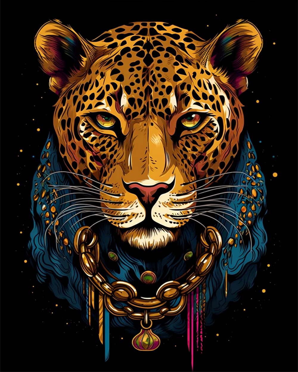 Ornate golden chain leopard cross stitch kit for beginners