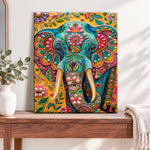 Finished ornate jeweled elephant pearl diamond painting artwork displayed as home decor