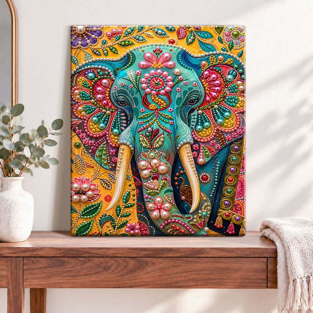 Finished ornate jeweled elephant pearl diamond painting artwork displayed as home decor