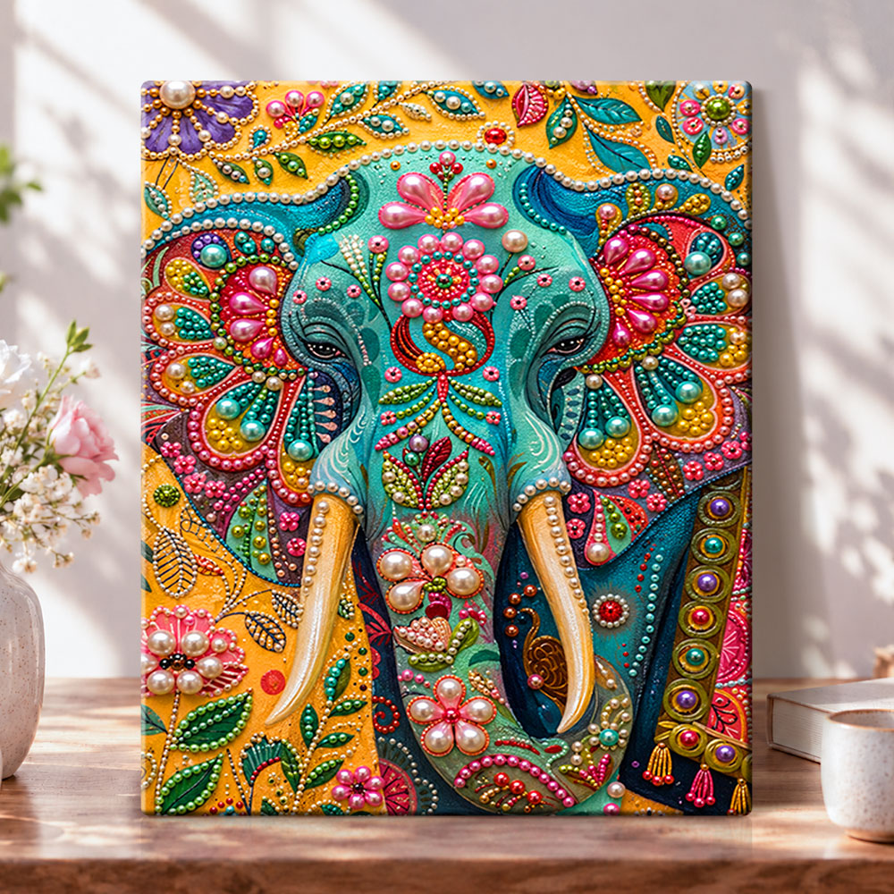 Ornate jeweled elephant pearl diamond painting kit for beginners