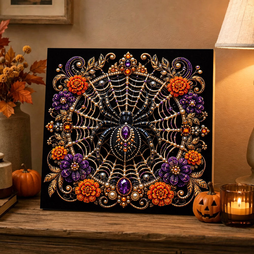 Finished ornate jeweled spider pearl diamond painting artwork displayed as holiday home decor