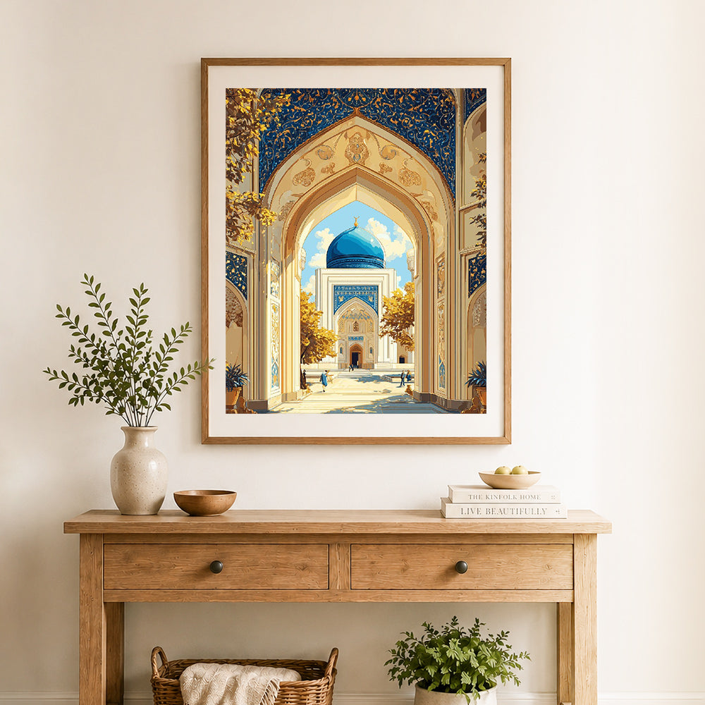 Finished ornate mosque archway cross stitch artwork displayed as home decor