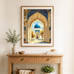 Finished ornate mosque archway cross stitch artwork displayed as home decor
