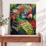 Finished ornate tropical parrot pearl diamond painting artwork displayed as home decor