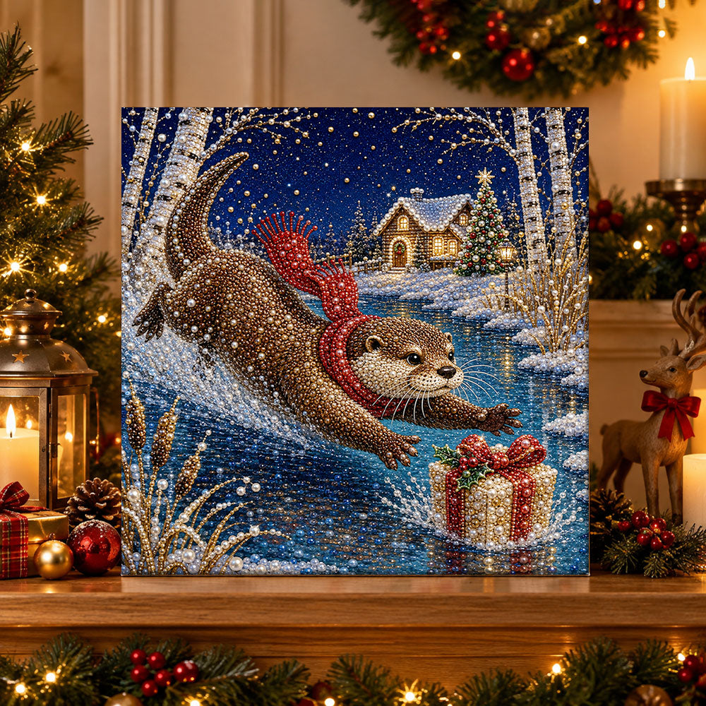 Finished otter chasing christmas gift pearl diamond painting artwork displayed as holiday home decor