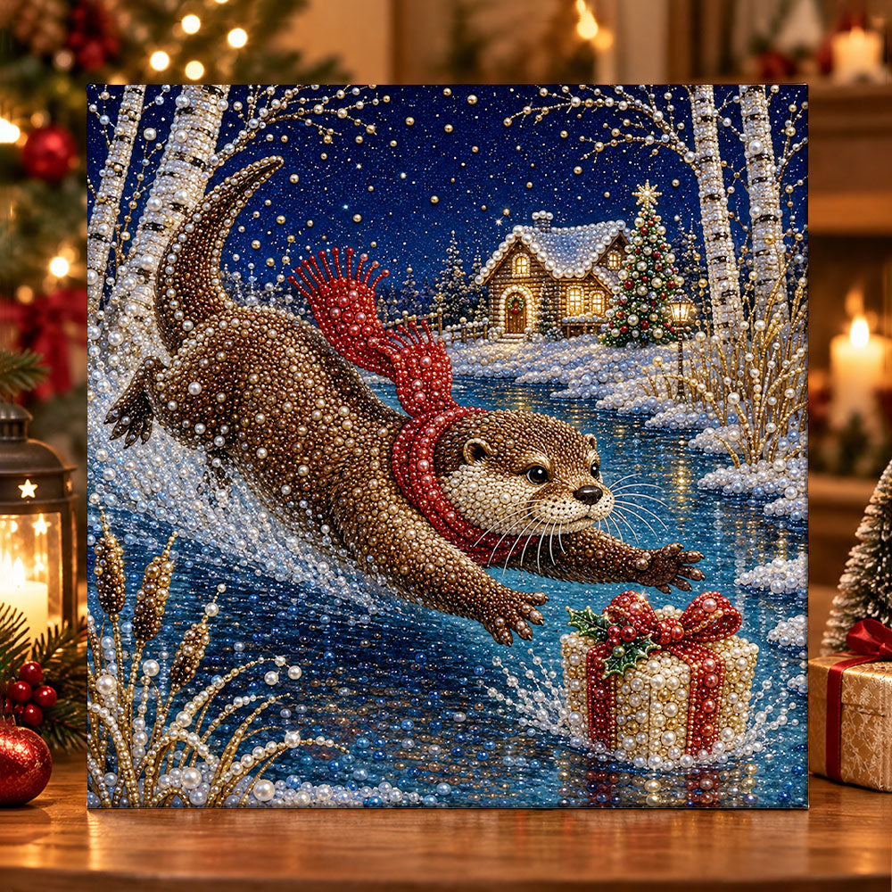 Otter chasing christmas gift pearl diamond painting kit for beginners