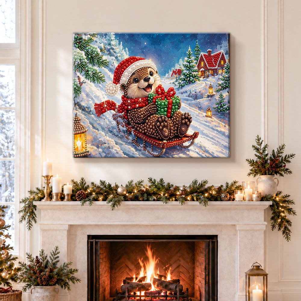 Finished otter on christmas sled pearl diamond painting artwork displayed as holiday home decor