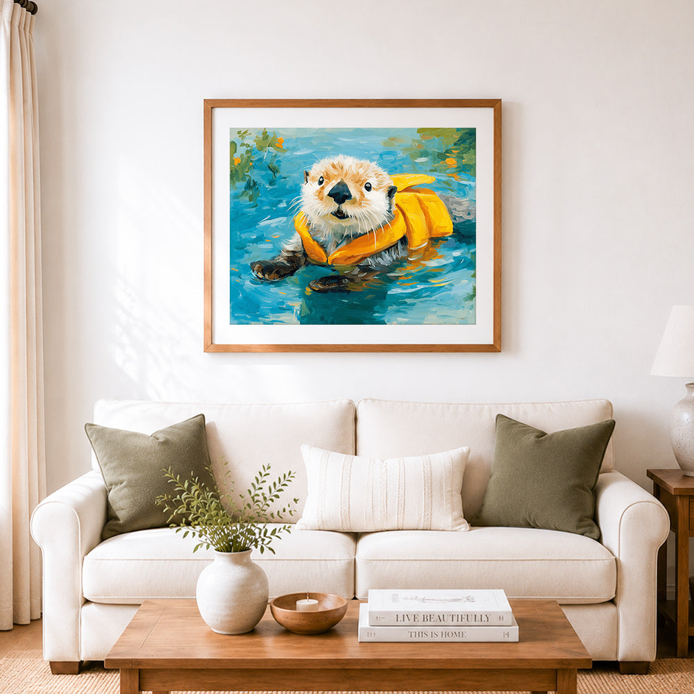 Finished otter with bright life vest cross stitch artwork displayed as home decor