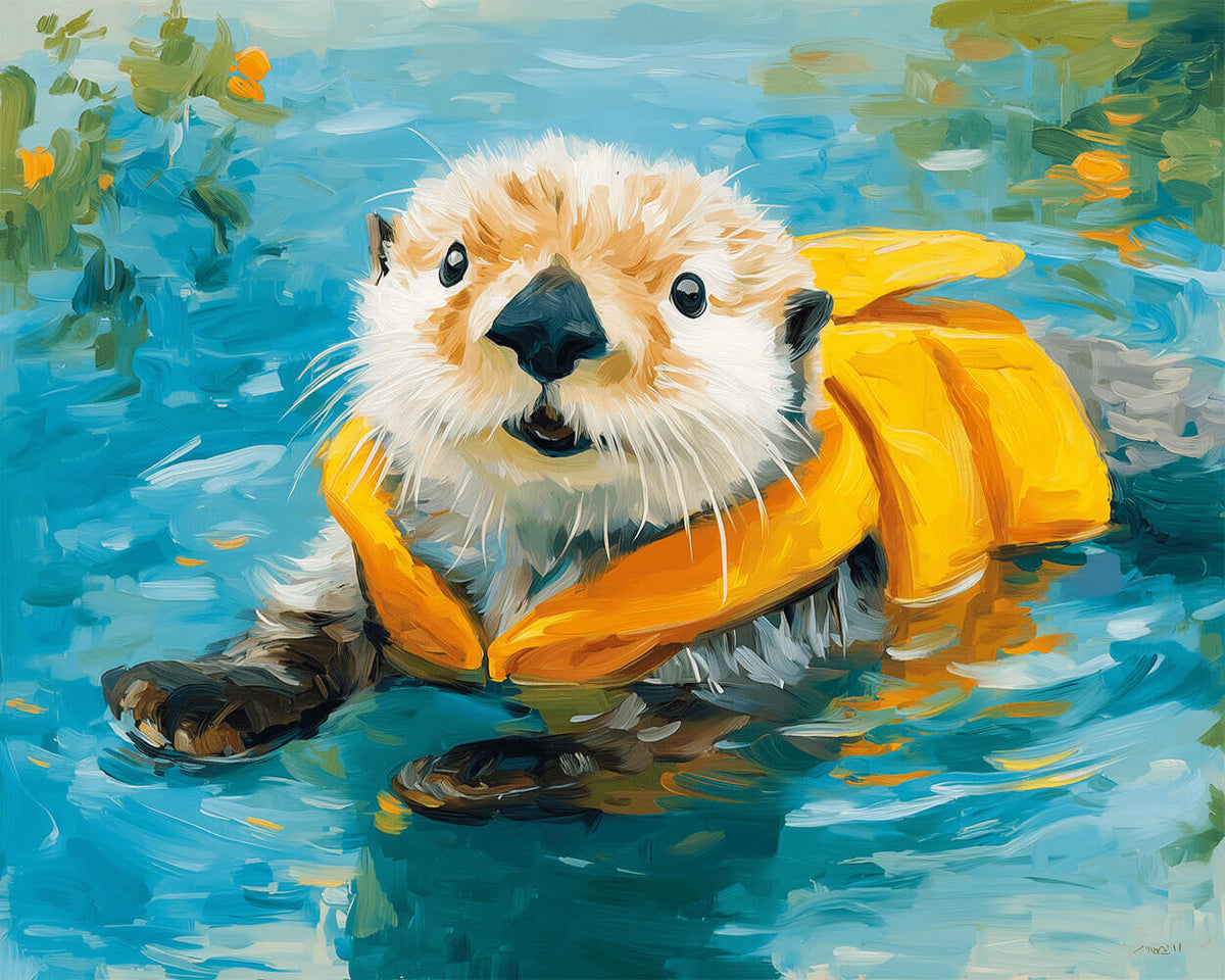 Otter with bright life vest cross stitch kit for beginners