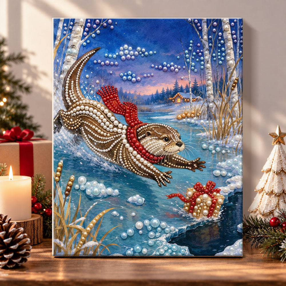 Otter with christmas gift pearl diamond painting kit for beginners