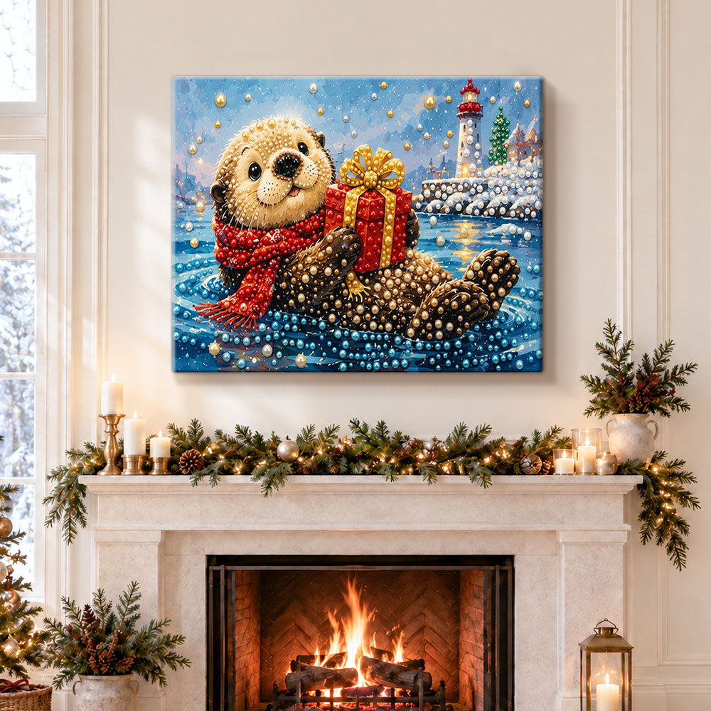 Finished otter with holiday gift pearl diamond painting artwork displayed as holiday home decor