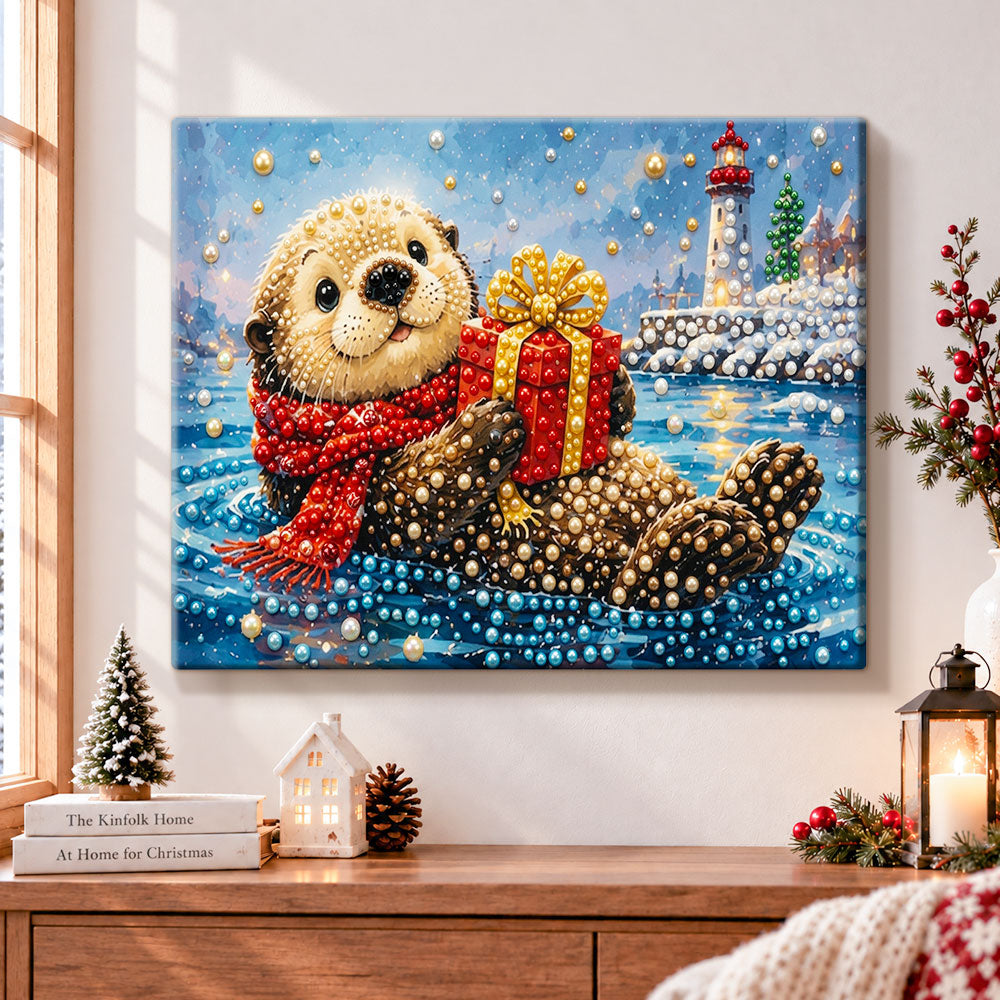 Otter with holiday gift pearl diamond painting kit for beginners