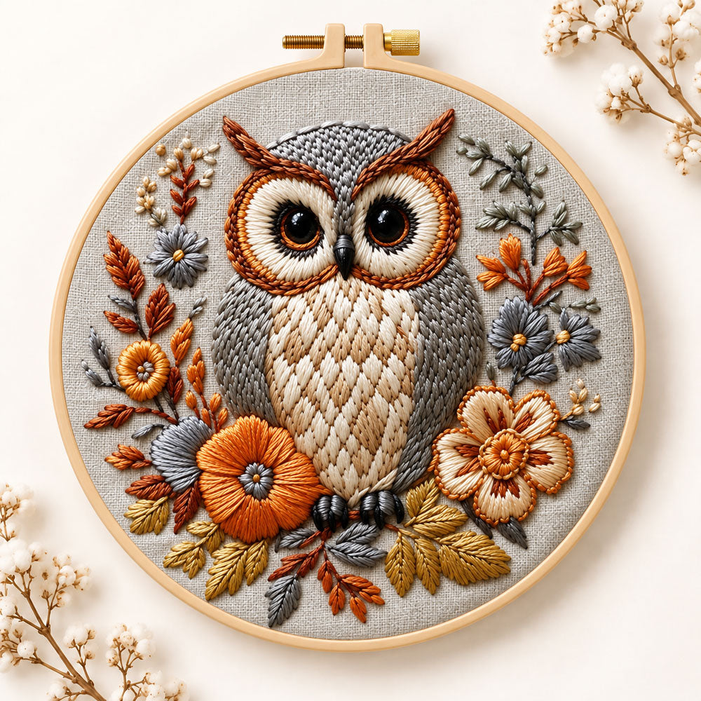 Owl among autumn blooms embroidery kit