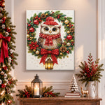 Finished owl in christmas wreath pearl diamond painting artwork displayed as holiday home decor