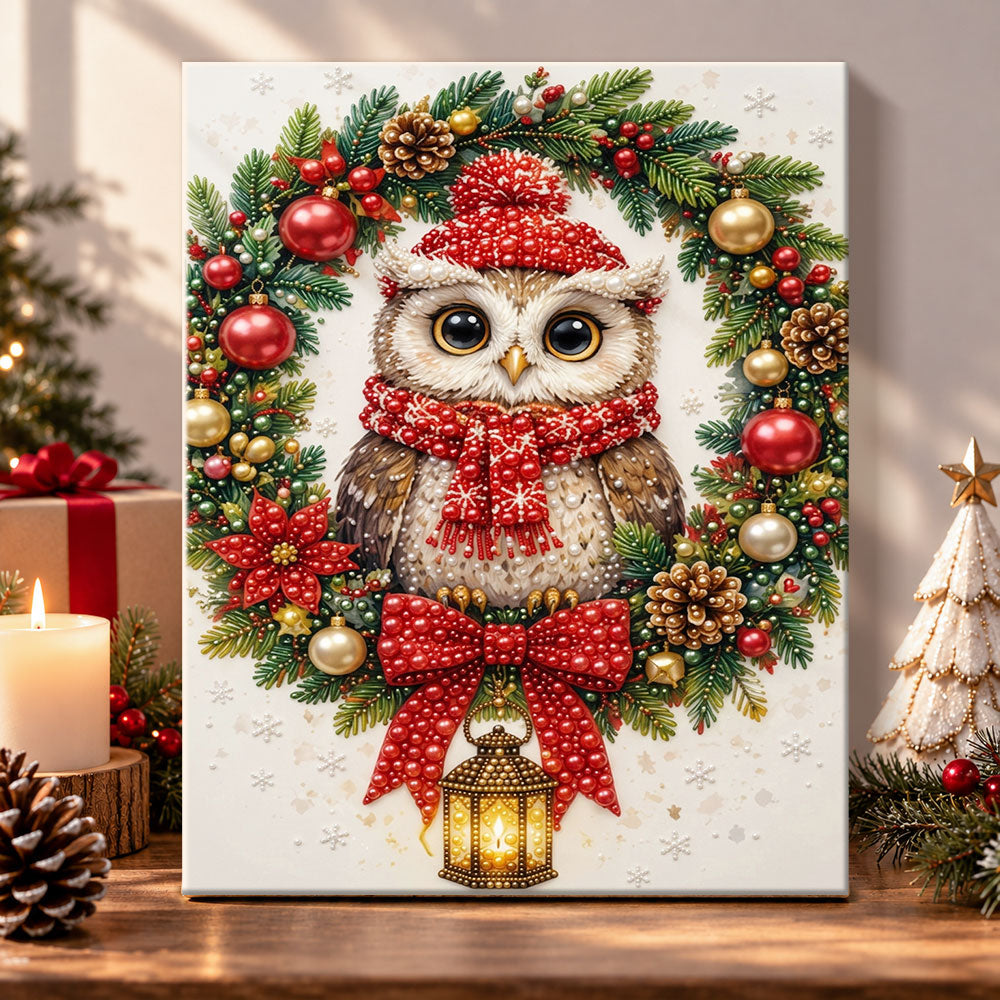 Owl in christmas wreath pearl diamond painting kit for beginners