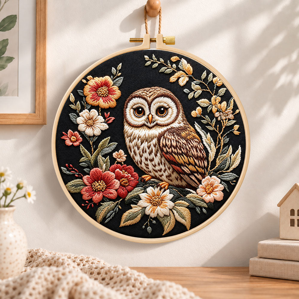Owl on dark floral embroidery hoop wall art displayed as warm and cozy handmade home decor