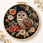 Owl on dark floral embroidery kit