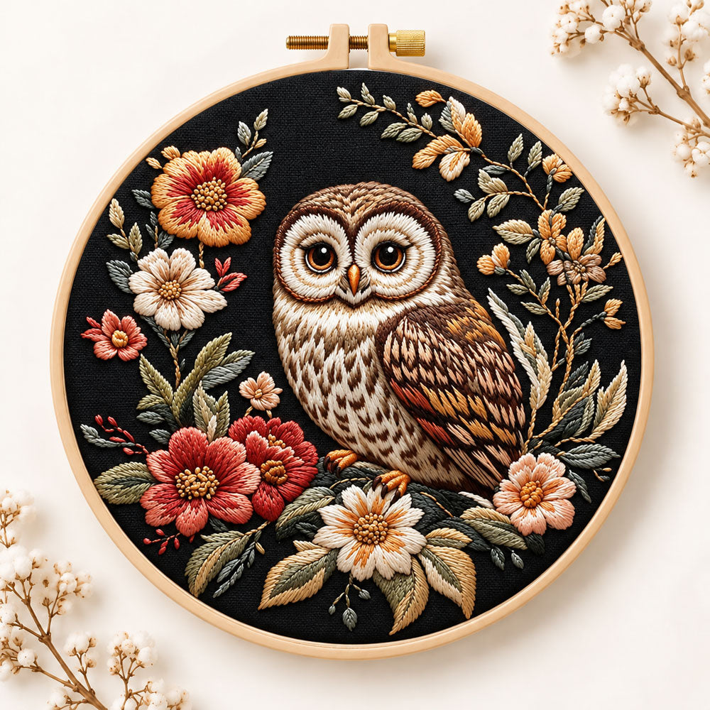 Owl on dark floral embroidery kit