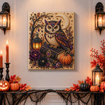 Finished owl with crescent moon and lantern pearl diamond painting artwork displayed as holiday home decor