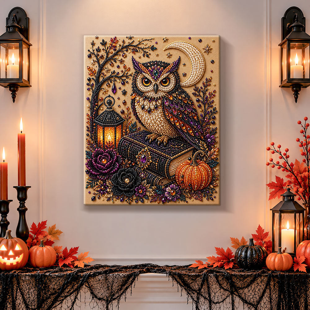 Finished owl with crescent moon and lantern pearl diamond painting artwork displayed as holiday home decor