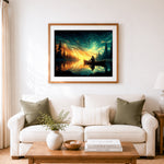 Finished paddling under swirling starry sky cross stitch artwork displayed as home decor