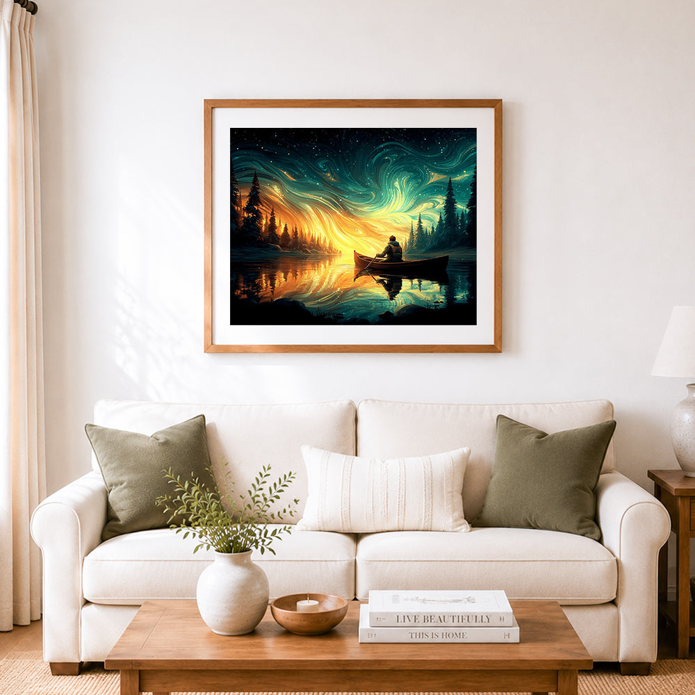 Finished paddling under swirling starry sky cross stitch artwork displayed as home decor