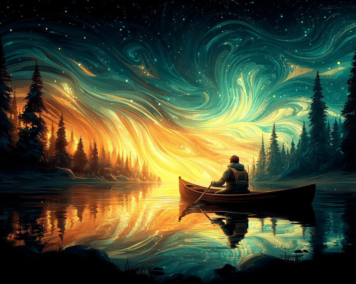 Paddling under swirling starry sky cross stitch kit for beginners