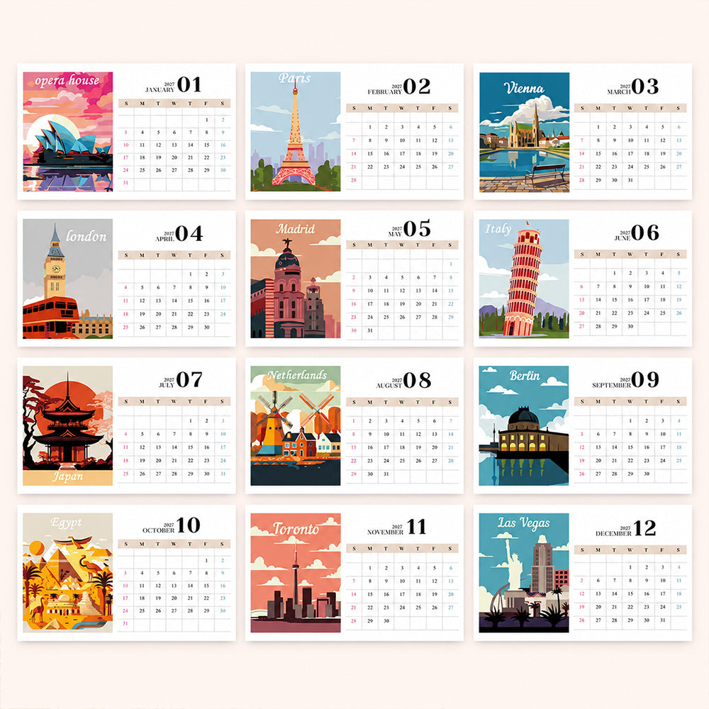 All 12 travel-themed illustrations in the Around the World Paint by Numbers Calendar