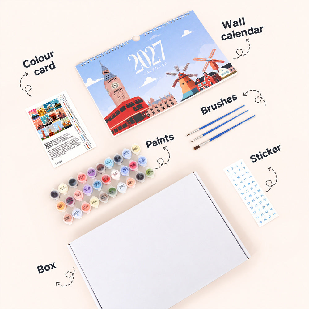 Around the World Paint by Numbers Calendar kit contents including wall calendar, paints, brushes, reference card and accessories