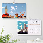 Around the World Paint by Numbers Calendar displayed on a wall showing the travel-themed cover and December Las Vegas illustration