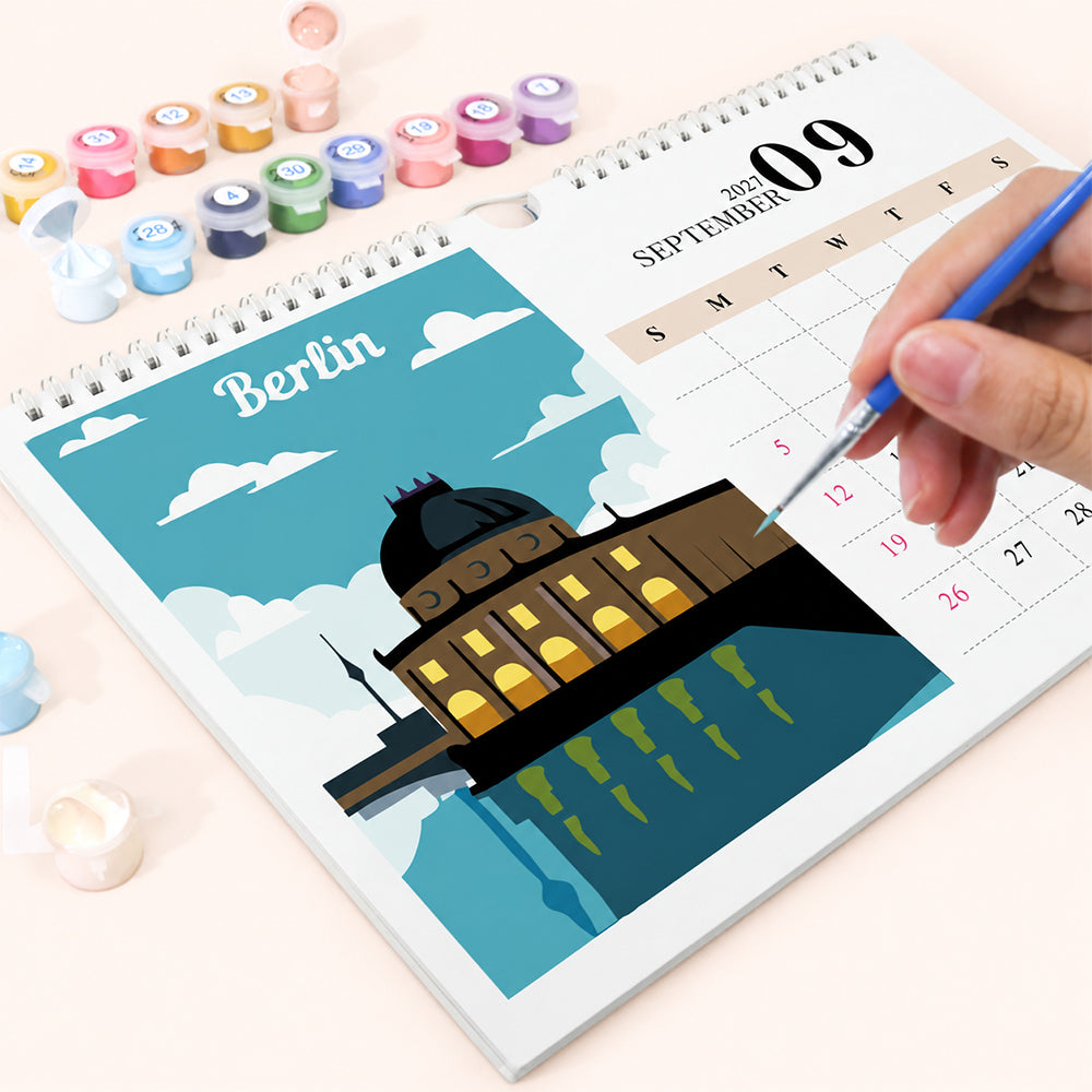 Hand painting the Berlin landmark illustration on the September paint by numbers calendar