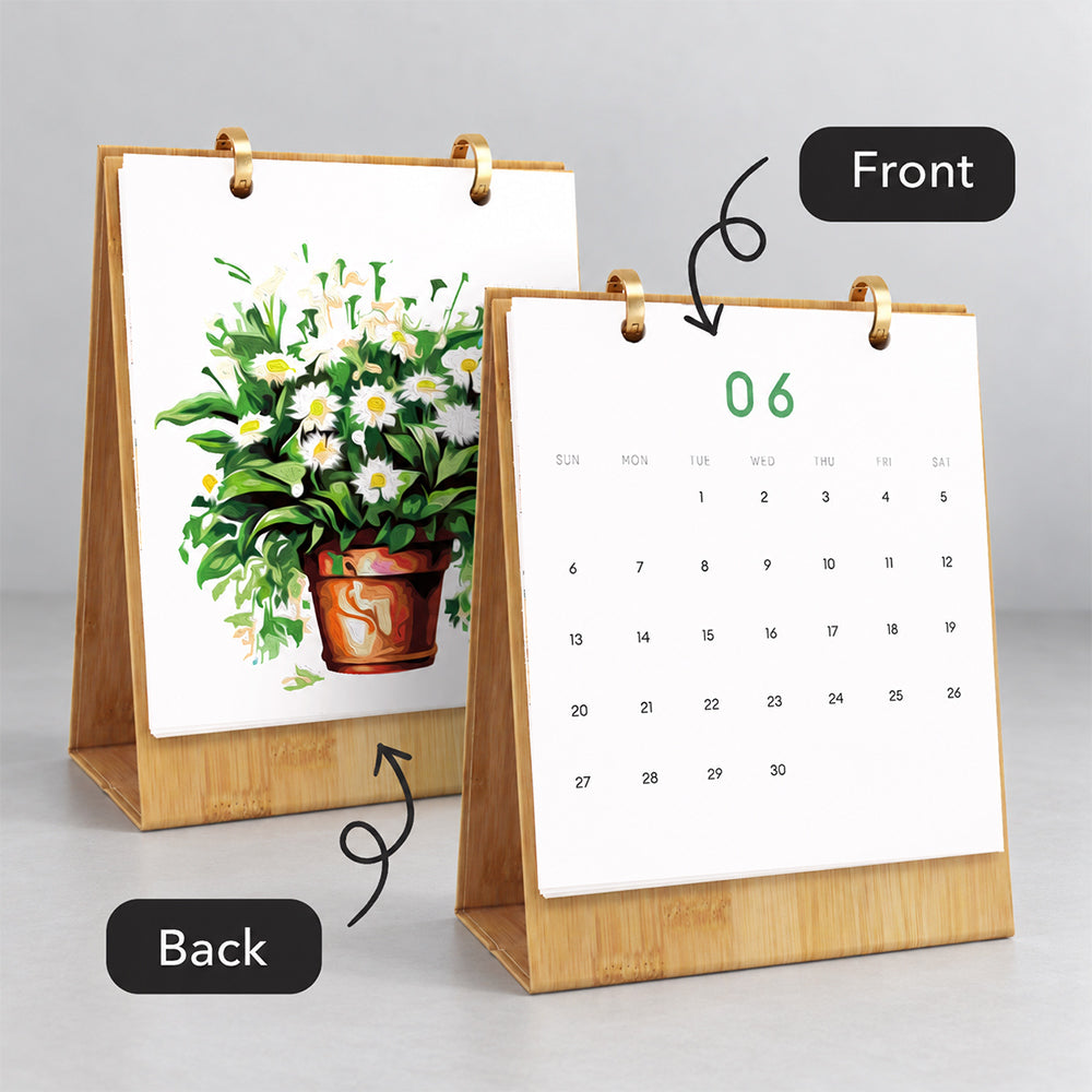 Front and back view of the Botanical Greens desk calendar showing monthly dates and a finished potted daisy painting