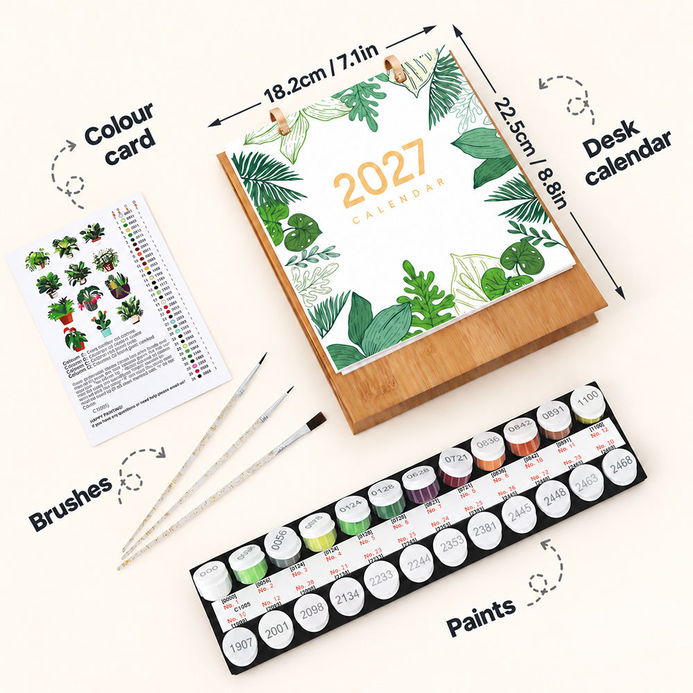 Botanical Greens Paint by Numbers Calendar kit with wooden desk stand, paints, brushes and reference guide