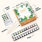 Botanical Greens Paint by Numbers Calendar kit with wooden desk stand, paints, brushes and reference guide