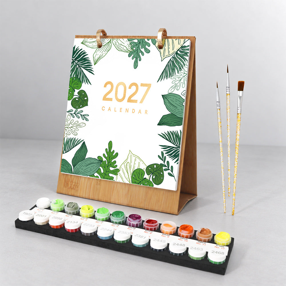 Botanical Greens Paint by Numbers Desk Calendar with wooden stand, numbered paints and brushes