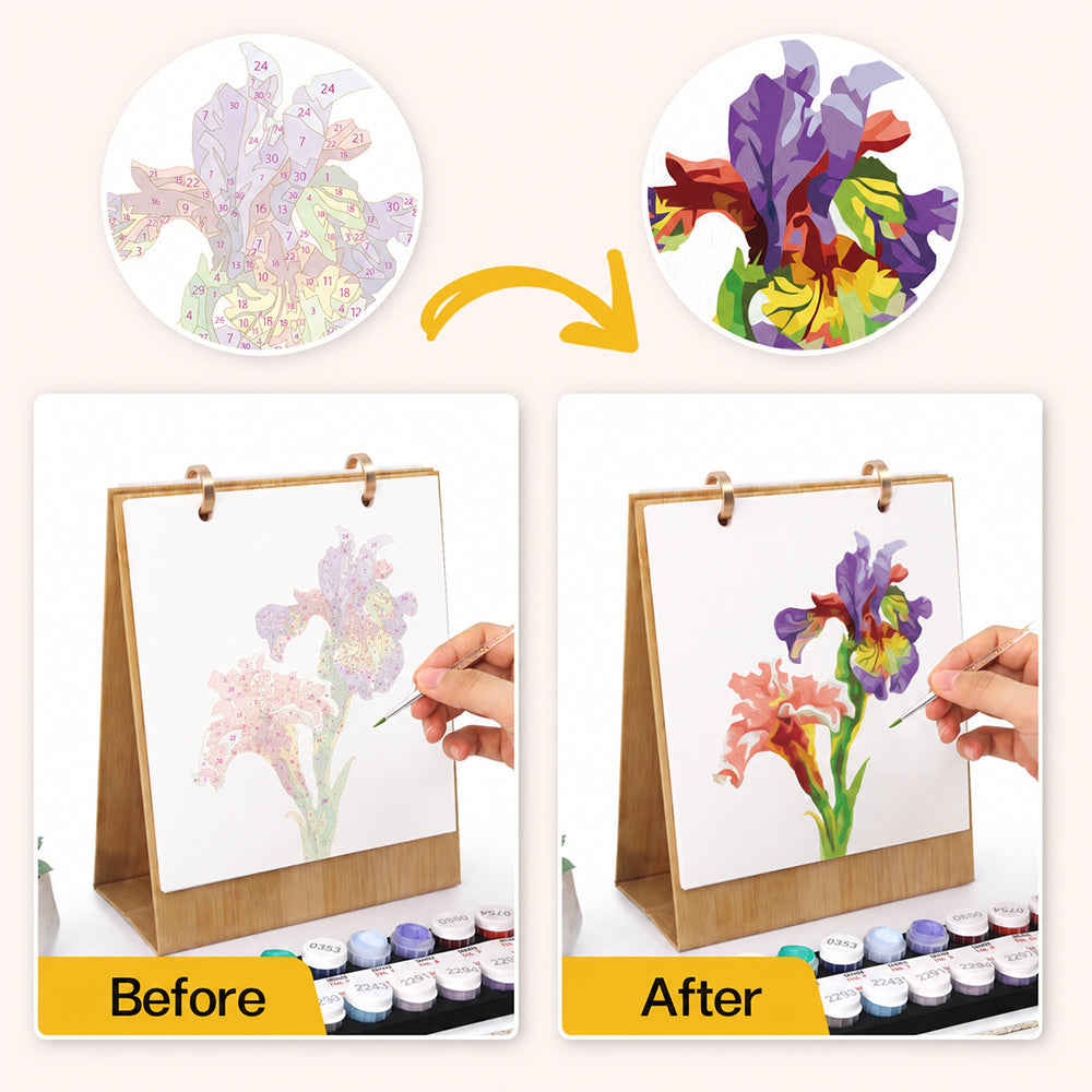 Before and after comparison showing a numbered floral illustration transformed into a finished painting