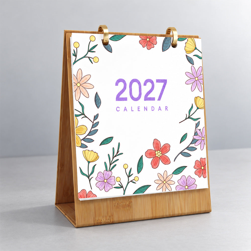Floral Blooms Paint by Numbers Calendar displayed upright on its wooden stand with decorative flower illustrations