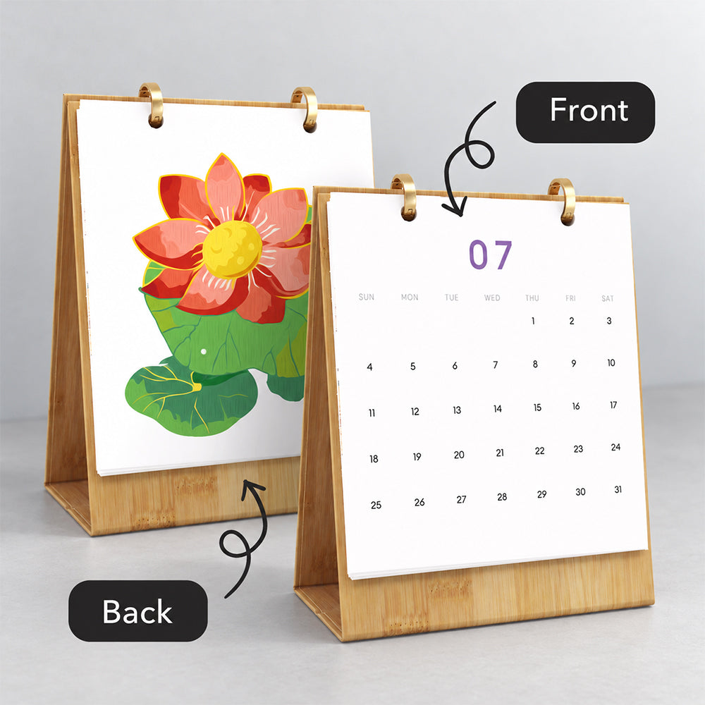 Front and back view of the Floral Blooms desk calendar showing the monthly dates and finished lotus painting
