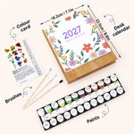 Floral Blooms Paint by Numbers Calendar kit with wooden desk stand, paints, brushes and reference guide