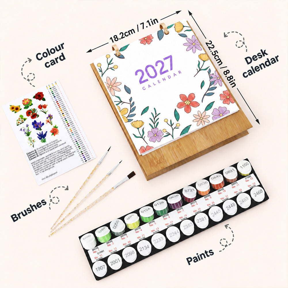 Floral Blooms Paint by Numbers Calendar kit with wooden desk stand, paints, brushes and reference guide