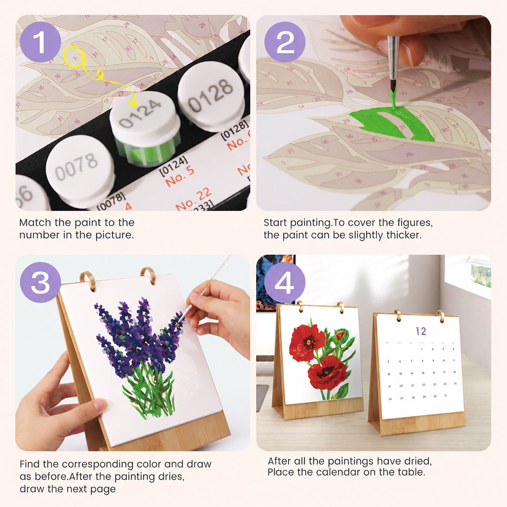 Step-by-step instructions for painting floral designs and displaying the finished desk calendar
